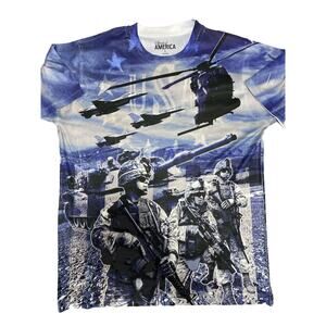 Spirit Of America Shirt Mens Large Blue All Over Print Military War Soldiers AOP